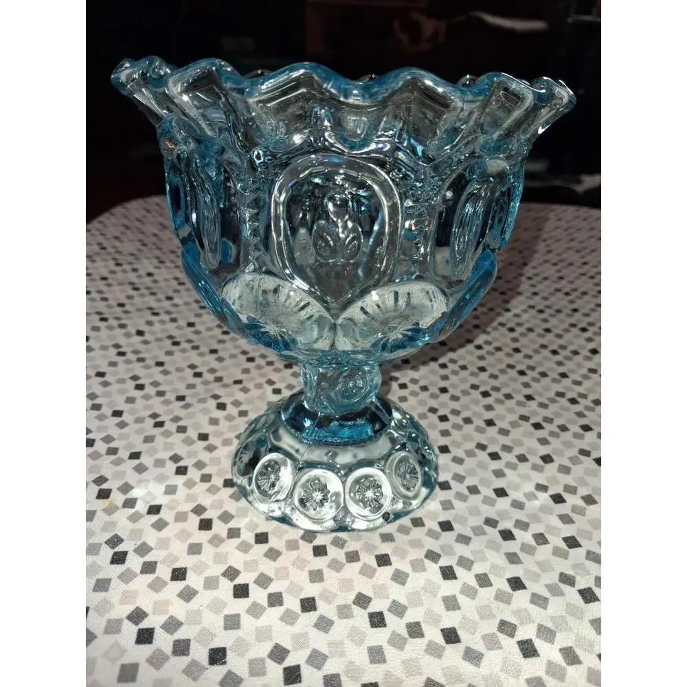 Moon and Stars Pattern Glass Light Blue LE SMITH Crimpt Open Compote